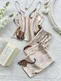 Women Sleepwear Summer Ice Silk Stain Comfortable 2pcs Pajamas Set V Neck Leopard Print Tops and Long Pants Loungewear