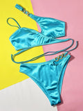 Asymmetrical Satin One Shoulder Bikini Female Swimsuit Women Swimwear Two-pieces Bikini Set Metal Chains Bathing Suit Swim Lady
