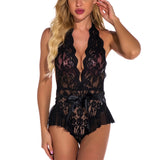 Lace See Through Open Crotch Bodysuit Dress for Women Sexy Lingerie Babydoll Costume Backless Halter Bodystocking Underwear