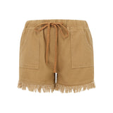 Women’s Summer Solid Color Washed Denim Shorts Casual Drawstring Elastic Waist Frayed Hem Loose Short Jeans Streeetwear