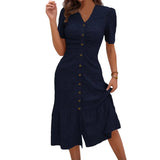 Women's Button Down Ruched Long Dress Summer Beach A-Line Swing Sundress Casual Short Sleeve V-Neck Maxi Dress