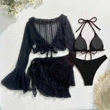 DEKA 4Pcs/Set Mesh Sheath Bikini Set Female Mini Camis Briefs Short Skirt Swimwear Fashion Drawstring Long Sleeve Boho Swimsuit