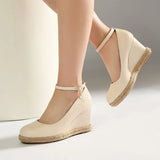 Concise Classic Women Ankle Strap Pumps 2026 Autumn Spring Shoes Wedge High Heels Beads Silver White Plus Size Daily 43