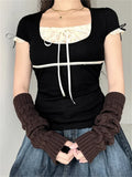 Women Summer T-shirt Lace Patchwork Square neck Short Sleeve Tee Tops Casual Retro Kawaii Y2K Aesthetic Shirts