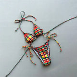 Sexy Plaid Halter Bikini Female Swimsuit Women Swimwear Two-pieces Bikini set High Leg Cut Padded Bather Bathing Suit Swim V7930