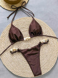 Shiny Halter High Leg Cut Beads Bikini Women Swimwear Female Swimsuit Two-pieces Bikini Set Padded Bather Bathing Suit Swim Lady