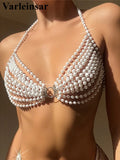 Luxury Pearls Halter Hollow Out See Through Bikini Top Female Swimsuit Women Swimwear Bather Bathing Suit Swim Beach Top V5409