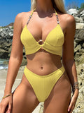Push Up Ribbed Halter Bra Cup Bikini Female Swimsuit Women Swimwear Three-pieces Bikini Set Diamond Link Bathing Suit Swim Lady