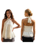 Women Solid Color Halter Top Sleeveless Tops Backless Lace Patchwork Summer Vest for Club Party