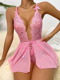 Sensual Lace Hollow Bodysuit  Sexy Crotchless Lingerie Thong Women Erotic Pajamas Teddy Babydoll Dress Deep V Open Bra Porn Set