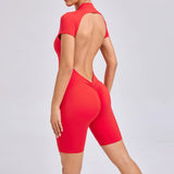 Padded Backless Yoga Cycling jumpsuit  Women Zipper GYM Sportswear Fitness One Piece Sports Suit V Back Workout Playsuit