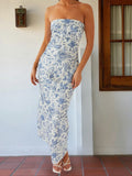 Women's Summer Sleeveless Strapless Long Dress Stylish Floral Print Sleeveless Tube Bodycon Dresses