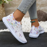 2025 Fashion Crystal Platform Sneakers Women Plus Size Slip On Flowers Printed Flats Woman Breathable Soft Sole Wakling Shoes