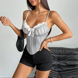 Phantasy Fashion Laec Balck Crop Top Women French Style Pink Bow Strap Tanks Lady Elegant Party Fishbone Camisole Summer Outfit