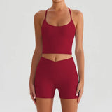 Yoga Shorts Sets Women Hanging Neck Hollow Back Sports T Shirts Sportsuit Gym High Waist Pocket Pants Fitness Workout Clothes