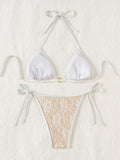 Embroidery Mesh Lace Halter Bikini Female Swimsuit Women Swimwear Two-pieces Bikini Set High Cut Bathing Suit Swim Beach Wear