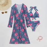 Blue Leopard Print Bikini Set Large Size Women Front Tie Push Up High Waist Swimsuit 2026 Long Sleeve Cover Up 3 Piece Swimsuit