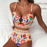 Women Sexy Floral Bikini High Waist Tummy Control Floral Bikini U Line Cross Back Padded Bikini Two Piece Beach Swimsuit