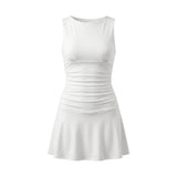 2026 Fashion Women Tank Dress Dots Print/Solid Color Sleeveless Slim Fit Ruched Short Dress for Daily Office Party
