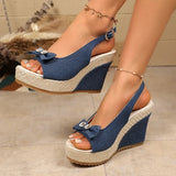 Retro Denim Wedge Heeled Sandals Women Plus Size 43 Bowknot Chunky Platform Sandalias Mujer Back Strap Thick Sole Summer Sandles