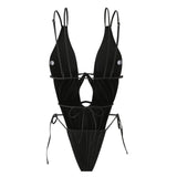 Sexy Wrinkled Swimsuit One Piece Deep V-Neck Bikini Thong Swimwear Bodysuits Women Biquini Bathing Suits Black and White 2 Color