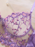 Women Purple Floral Embroidery Lace Lingerie Set Satin Sheer Mesh Bra Thong 2‑Pieces Intimate Underwear ZA825246