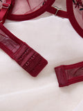 Wine Red Embroidered Floral Lingerie Set - Sexy Bra And G-string Combo with Heart Decoration Underwear Set for Women ZA824026
