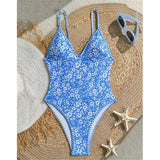 S - XL Flower Floral V Neck One Piece Swimsuit Women Swimwear Female Monikini High Cut Leg Padded Bather Bathing Suit Swim V8079