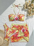 S - XL 3D Flowers With Skirt Halter Bikini Three-pieces Bikini set Female Swimsuit Bathing Suit Women Swimwear Bather Swim V7324