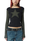 Early Autumn Punk Style Slim Fit T-shirt Women Long Sleeve Crew Neck Star Stripes Patchwork Ladies Tops for Casual Daily