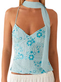Women Camisoles Sequins Beaded Flower Embroidery V-Neck Casual Camis Tops Summer Fashion Sleeveless Crop Tops with Choker Scarf