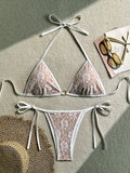 Embroidery Mesh Lace Halter Bikini Female Swimsuit Women Swimwear Two-pieces Bikini Set High Cut Bathing Suit Swim Beach Wear