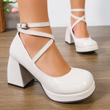 Fashion Ankle Wrap Thick High Heels Pumps Women Elegant Round Toe Platform Mary Jane Shoes Woman Patent Leather Pumps Ladies