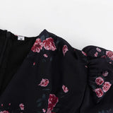 FDYOUI Elegant V-neck Floral Printed Short Dress High Street Women's Puff Sleeve High Waist Tunics Ruched Vacation Party Dresses