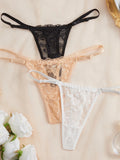3Pcs/Set Women Sexy Floral Lace Thong Panties Low Waist Hollow Lace Sexy Lingerie Adjustable Thin Strap Underwear