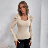 Phantasy New Y2k Tops Fashion Square Collar Slim Leg Sleeve Knitted Bubble Long Sleeve T-shirt Casual Style Vintage Clothing