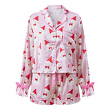 Women's Christmas 2 Pieces Pajama Sets Fashionable Santa Printed Long Sleeve Tops with Shorts Satin Soft Sleepwear