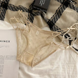 2026 Womens Briefs Sexy Love Mesh Transparent Low Waist Triangle Pants Thin Bow Knot Hollow Breathable Thongs Ruffled Panties