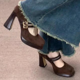 Vintage Thick High Women Mary Jane Shoes Banquet Party Buckle Strap Pumps New  Women's Elegant Dress Shoes