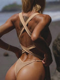 Splicing V Neck Cross Backless Women Thong Swimwear One Piece Swimsuit Female Monokini High Leg Cut Bathing Suit Swim Beach Wear
