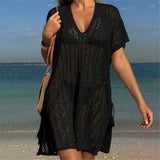 Sexy Short Sleeve Hollow Out Crochet Knitted Tunic Beach Cover Up Cover-ups Beach Dress Beach Wear Beachwear Female Women K6686