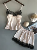 Women's Lace Satin Pajama Sets Sexy Nightwear Summer Sleeveless Tops+Shorts 2 Pcs Pyjamas Sleepwear Loungewear