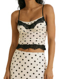 Women Fashion Dot Print Lace Patchwork Crop Tops Summer Slim Camisole Spaghetti Strap Mesh Tank Tops Streetwear
