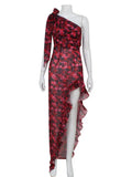 Ahagaga Floral Printed Sexy Women Chiffon Dresses Fashion One Shoulder Sleeveless Regular Casual High Split Slim Sheath Vestidos