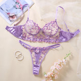 Sheer Floral Embroidery Lingerie Set Satin Trim Push Up Bra+Thong For Women Romantic Date Night/Anniversary Underwear ZA825246