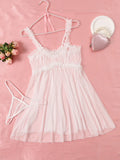 Women Mesh Nightdress Bow Pink Dress With Thong Underwear Valentine Day Gift