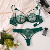 Green Floral Lace Lingerie Set Sheer Mesh Underwire Bra With Bow & Thong Women Sexy Underwear ZA824057