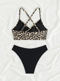 Sexy Leopard Print Cross Bikini Set 2026 Women Halter Push Up Black High Waist Swimsuit Summer Bathing Suit Two Piece Swimwear