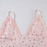 Cute Pink Floral Lace Patchwork Two-piece Pajamas Set for Women Sleepwear Sleeveless Camisoles and Slim Shorts Loungewear