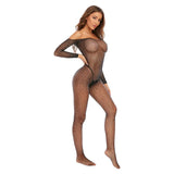 Sexy Hollow Fishnet Women Lingerie Erotic Crotchless Full Sleeve Bodystockings Hot Bling Rhinestone Perspective Teddy Bodysuits